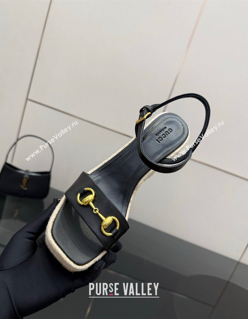 Gucci Espadrille Wedge Sandals 10cm in Leather with Horsebit Black 2025 GG082802 (MD-250828035)