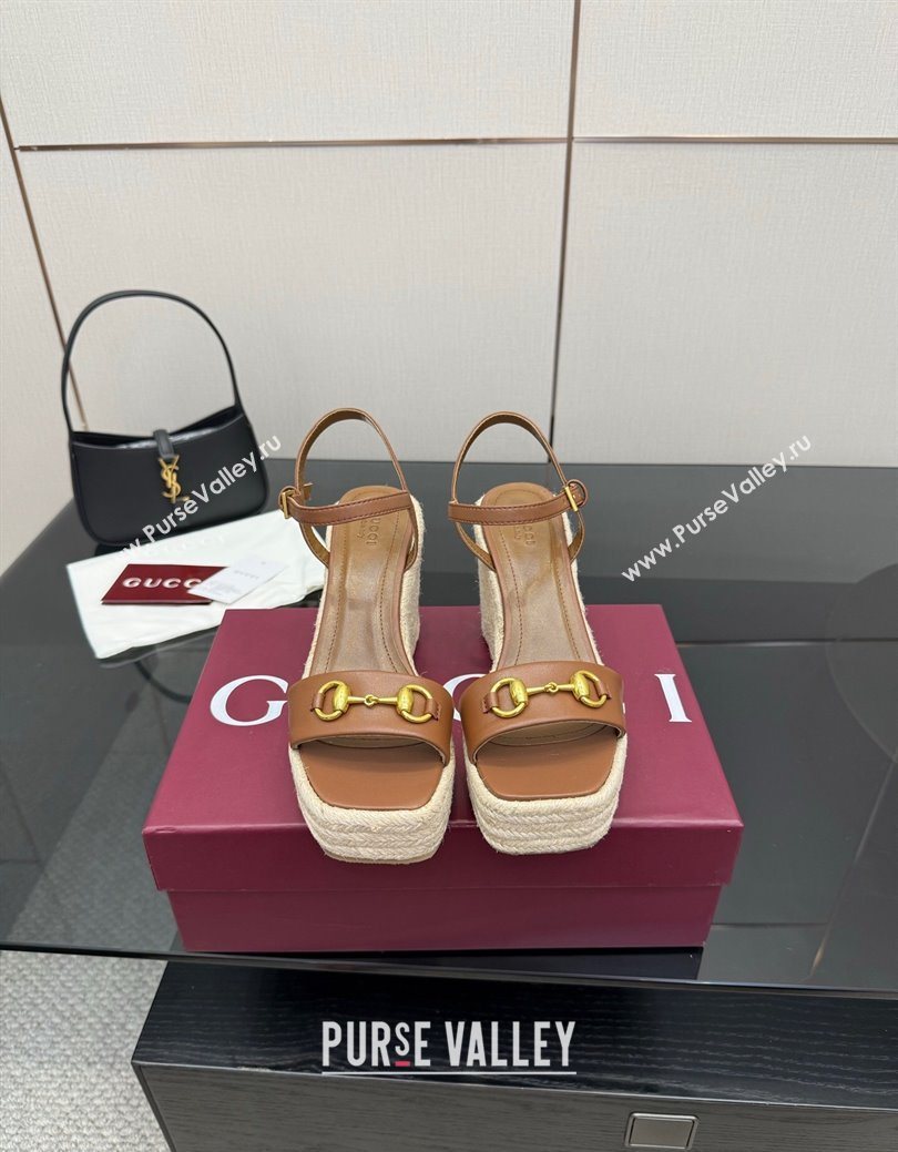 Gucci Espadrille Wedge Sandals 10cm in Leather with Horsebit Brown 2025 GG082802 (MD-250828036)
