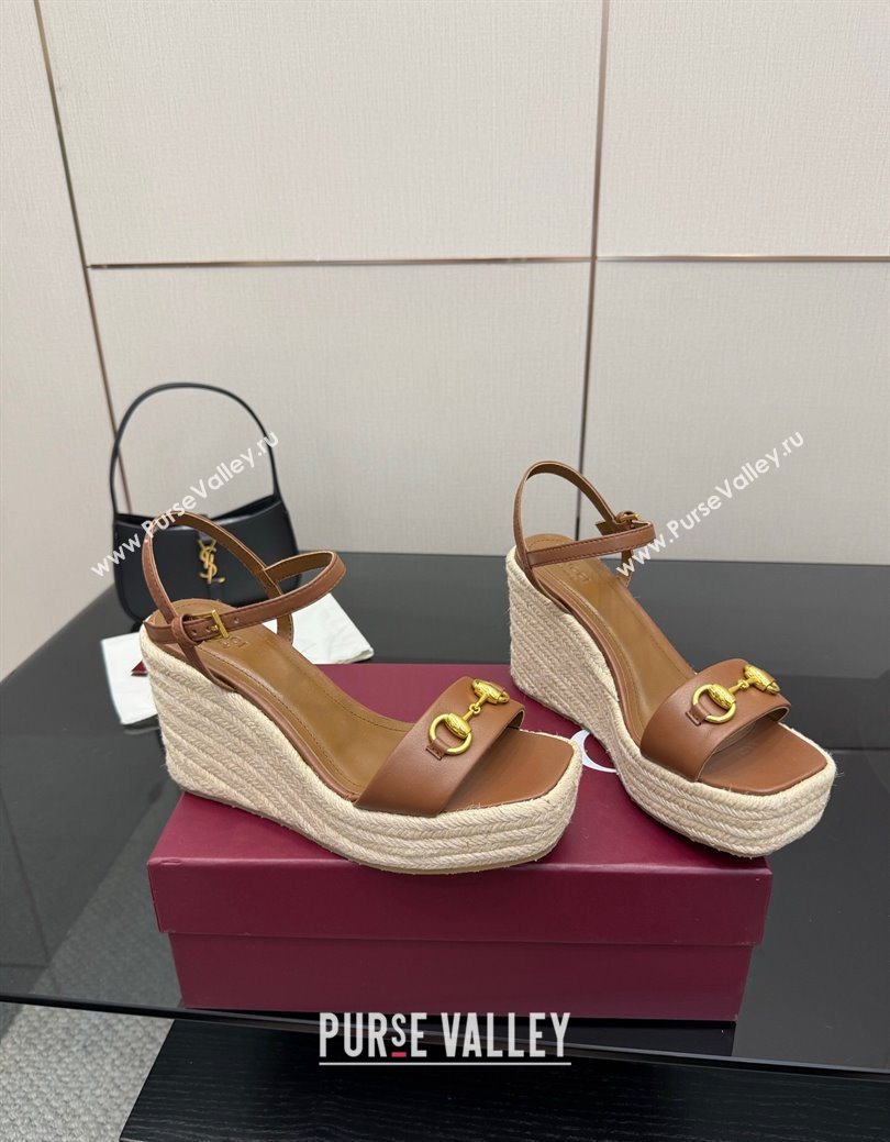 Gucci Espadrille Wedge Sandals 10cm in Leather with Horsebit Brown 2025 GG082802 (MD-250828036)