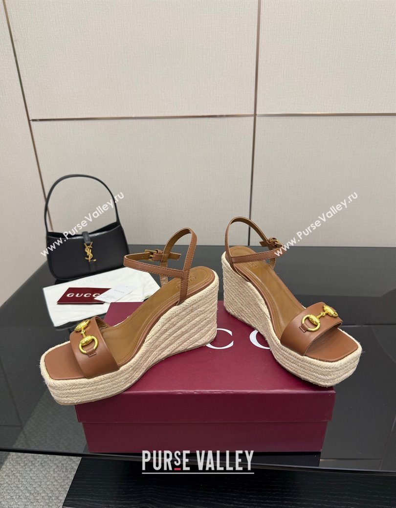 Gucci Espadrille Wedge Sandals 10cm in Leather with Horsebit Brown 2025 GG082802 (MD-250828036)