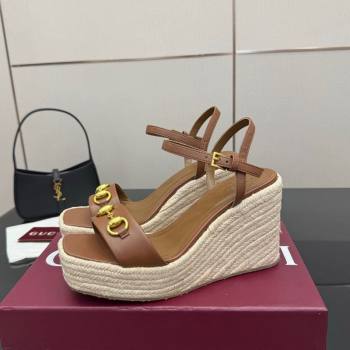 Gucci Espadrille Wedge Sandals 10cm in Leather with Horsebit Brown 2025 GG082802 (MD-250828036)
