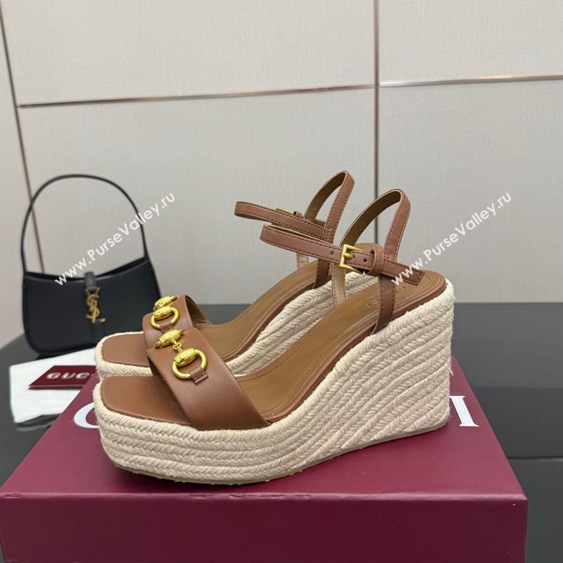 Gucci Espadrille Wedge Sandals 10cm in Leather with Horsebit Brown 2025 GG082802 (MD-250828036)