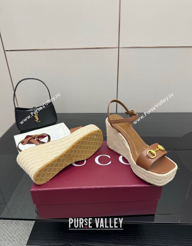 Gucci Espadrille Wedge Sandals 10cm in Leather with Horsebit Brown 2025 GG082802 (MD-250828036)