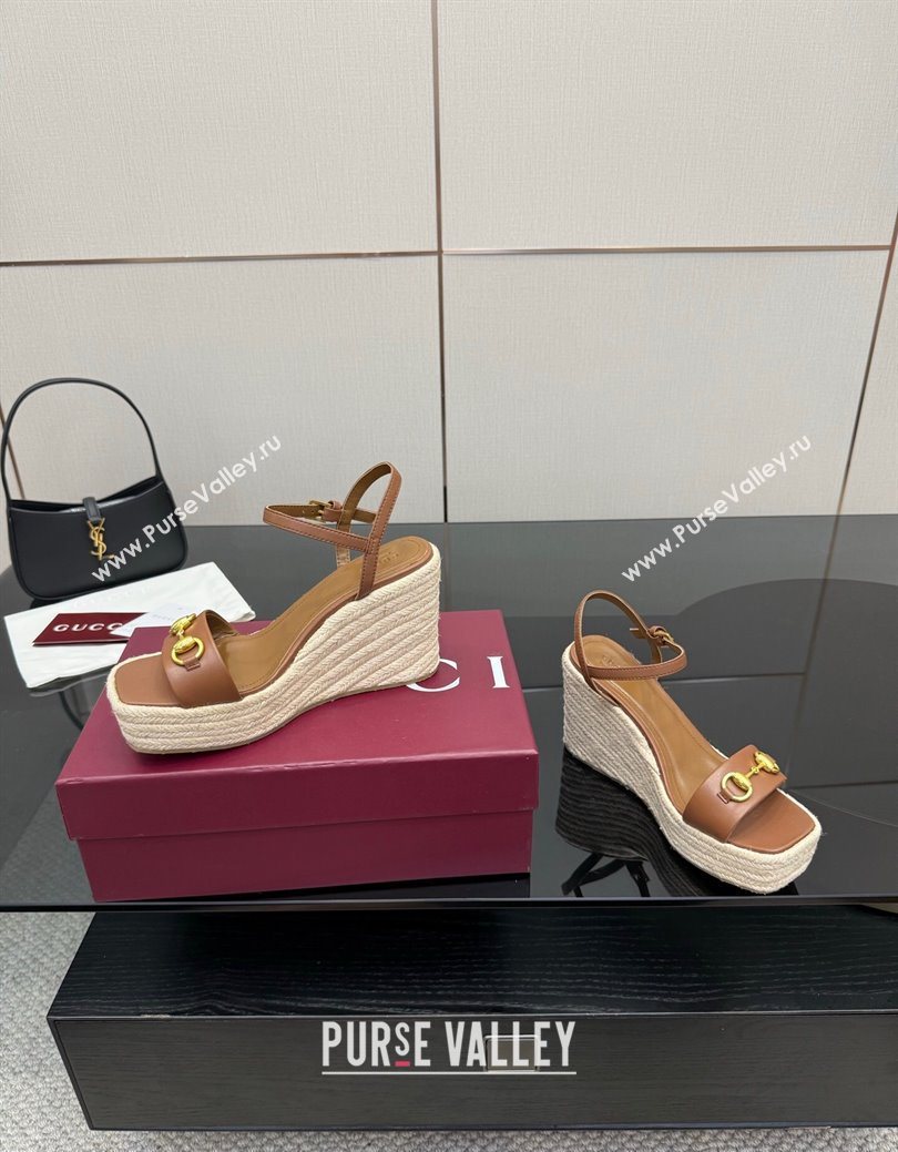 Gucci Espadrille Wedge Sandals 10cm in Leather with Horsebit Brown 2025 GG082802 (MD-250828036)