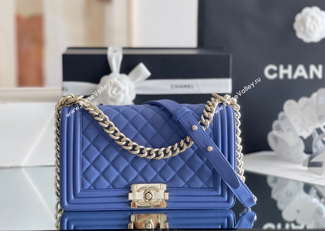 Chanel Original Grained Calfskin Medium Boy Flap Bag Light Gold/Blue 2023 Top Quality (MHE-23102513)