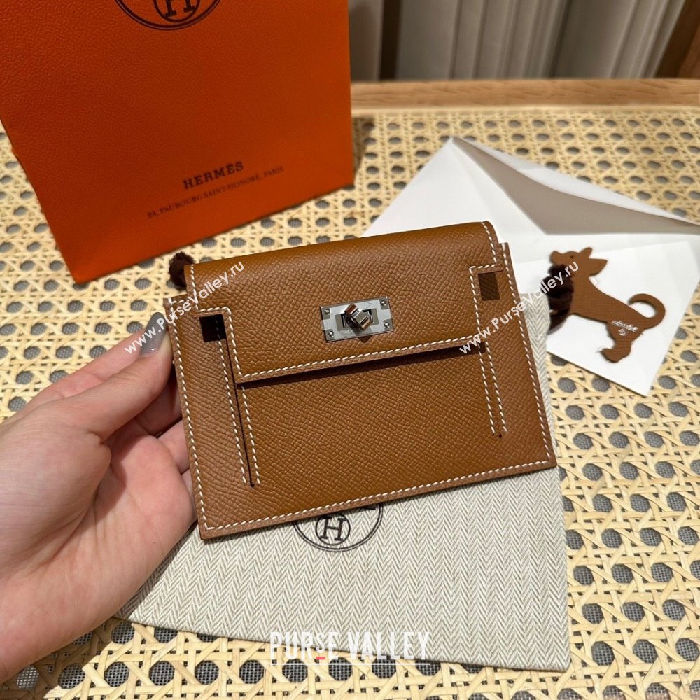 Hermes Kelly Pocket Compact Wallet in Epsom Leather Brown/Silver 2024（Handmade） (XX-241030017)