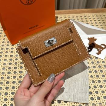 Hermes Kelly Pocket Compact Wallet in Epsom Leather Brown/Silver 2024（Handmade） (XX-241030017)