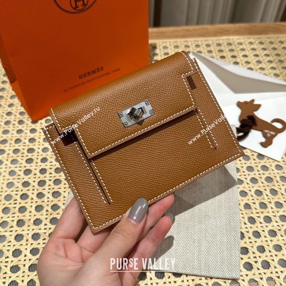 Hermes Kelly Pocket Compact Wallet in Epsom Leather Brown/Silver 2024（Handmade） (XX-241030017)