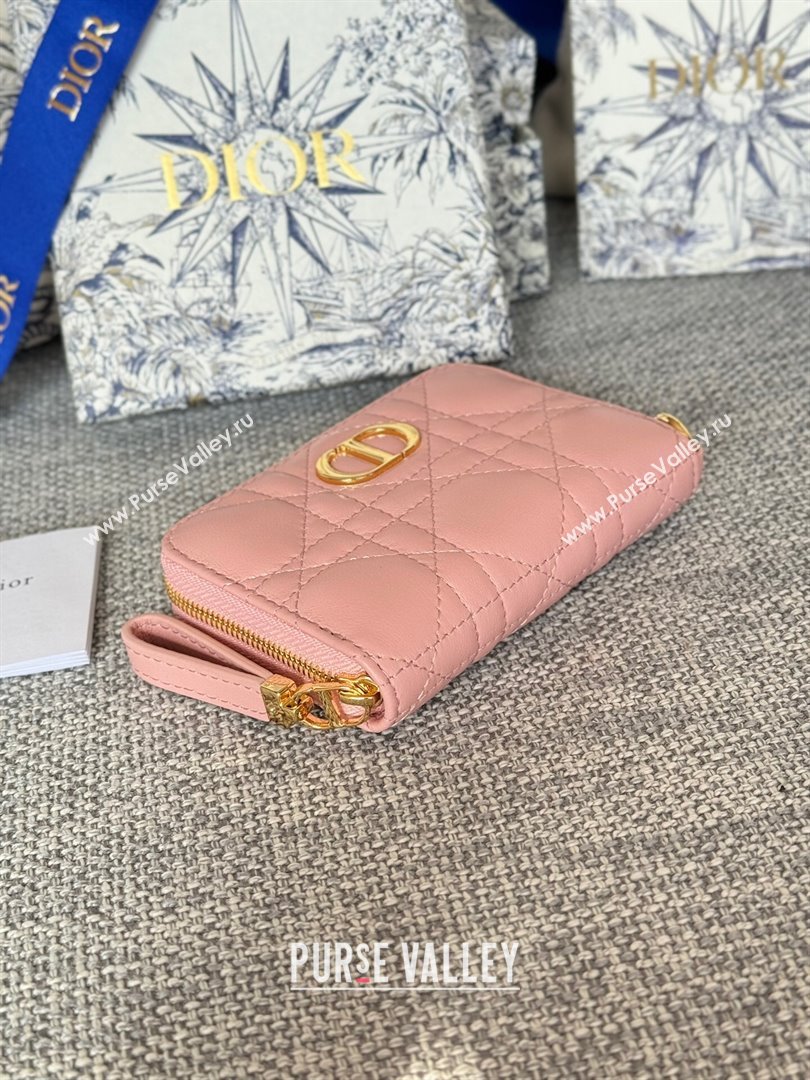 Dior Caro Compact Zipped Wallet in Cannage Lambskin Pink 01 2024 (DMZ-24020215)