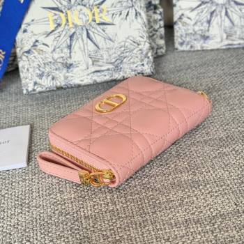 Dior Caro Compact Zipped Wallet in Cannage Lambskin Pink 01 2024 (DMZ-24020215)