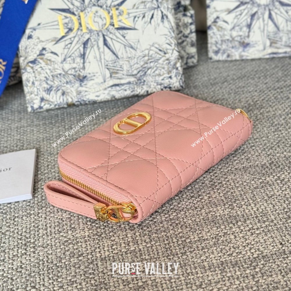 Dior Caro Compact Zipped Wallet in Cannage Lambskin Pink 01 2024 (DMZ-24020215)