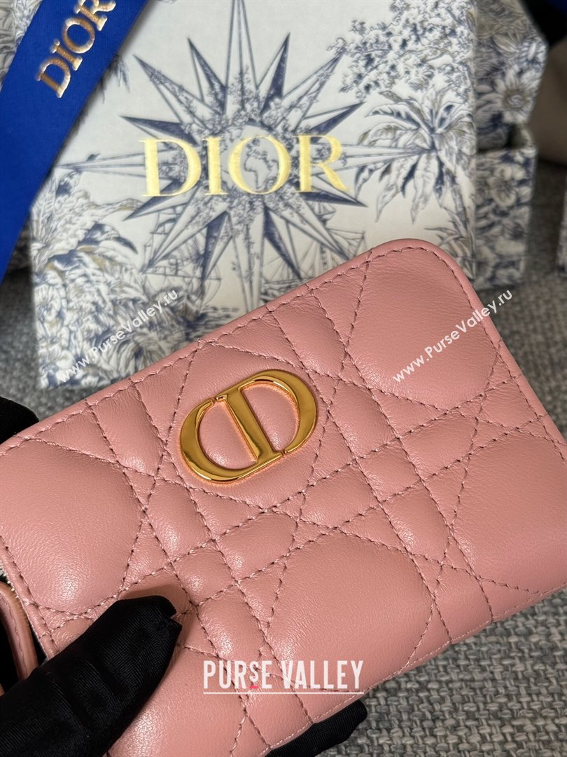 Dior Caro Compact Zipped Wallet in Cannage Lambskin Pink 01 2024 (DMZ-24020215)