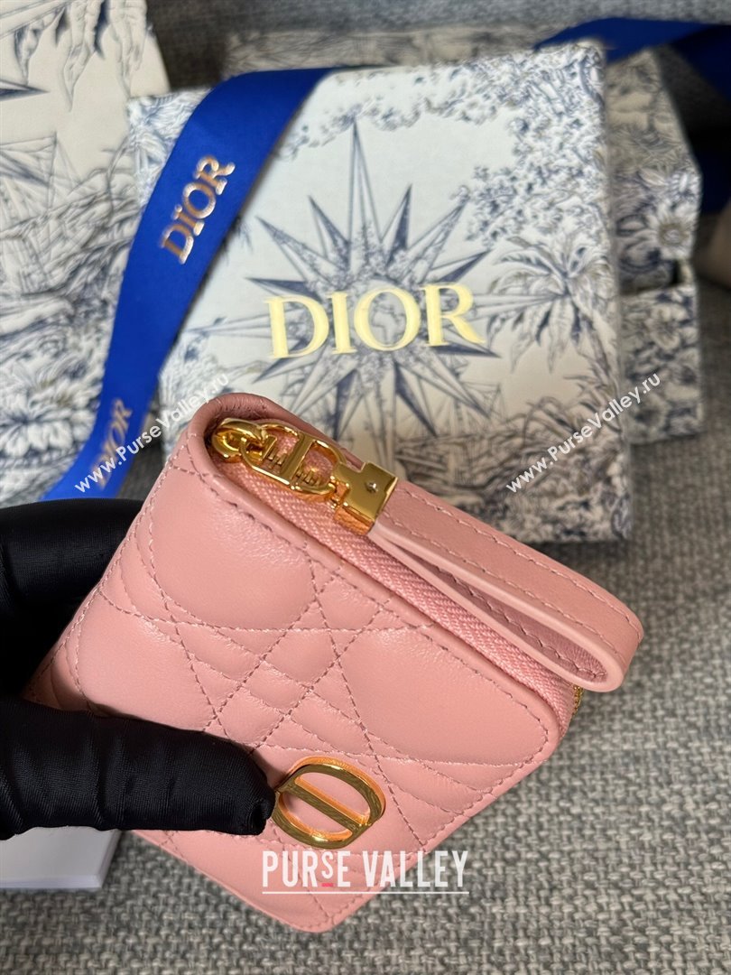 Dior Caro Compact Zipped Wallet in Cannage Lambskin Pink 01 2024 (DMZ-24020215)