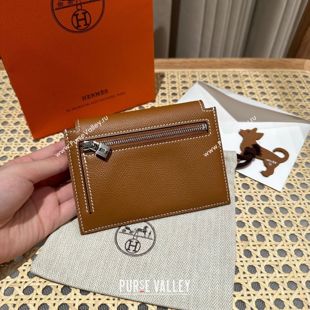 Hermes Kelly Pocket Compact Wallet in Epsom Leather Brown/Silver 2024（Handmade） (XX-241030017)