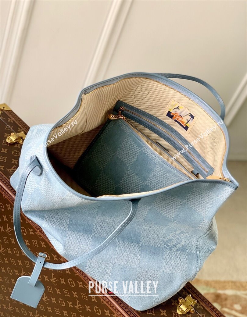 Louis Vuitton Mens Nevereverfull Tote Bag in Blue Damier Denim 3D Canvas N00198 2025 (KI-2508110024)