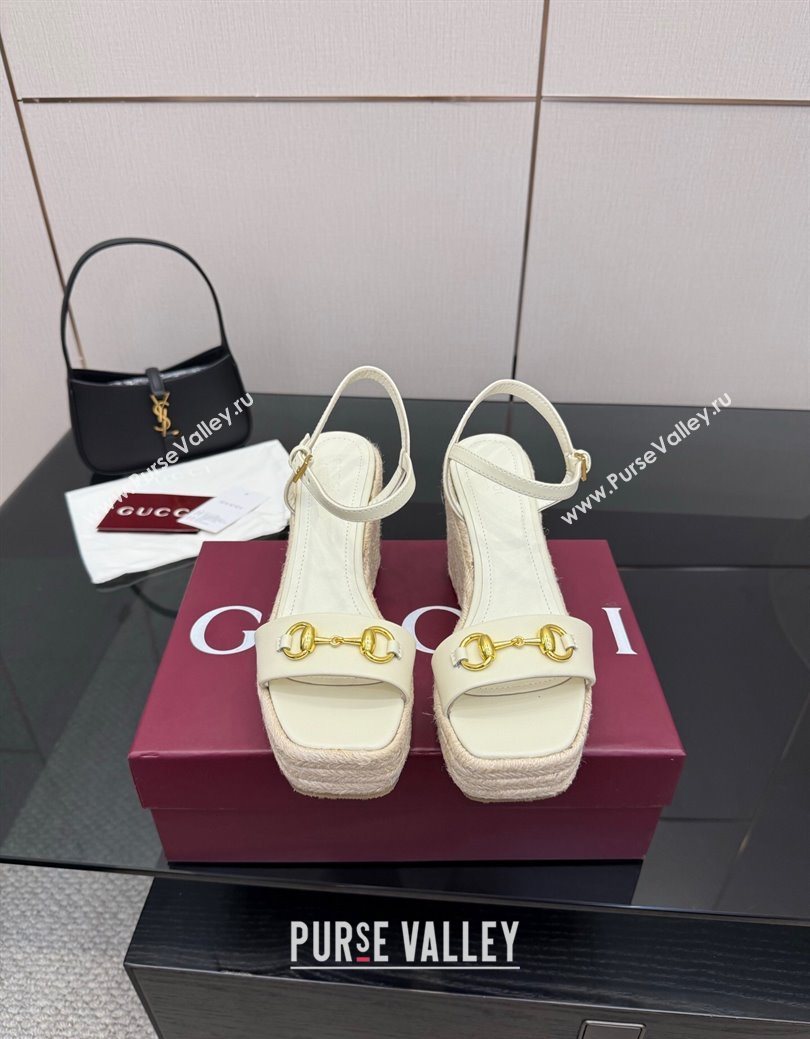 Gucci Espadrille Wedge Sandals 10cm in Leather with Horsebit White 2025 GG082802 (MD-250828037)