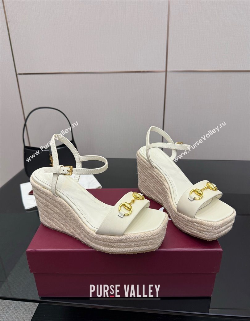 Gucci Espadrille Wedge Sandals 10cm in Leather with Horsebit White 2025 GG082802 (MD-250828037)