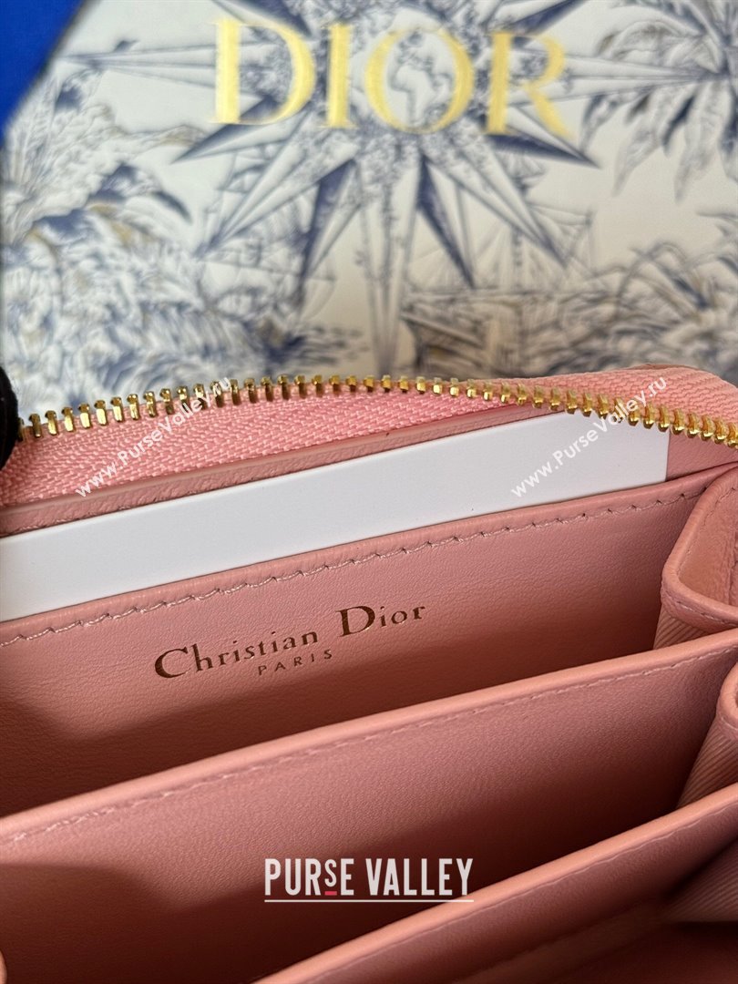 Dior Caro Compact Zipped Wallet in Cannage Lambskin Pink 01 2024 (DMZ-24020215)