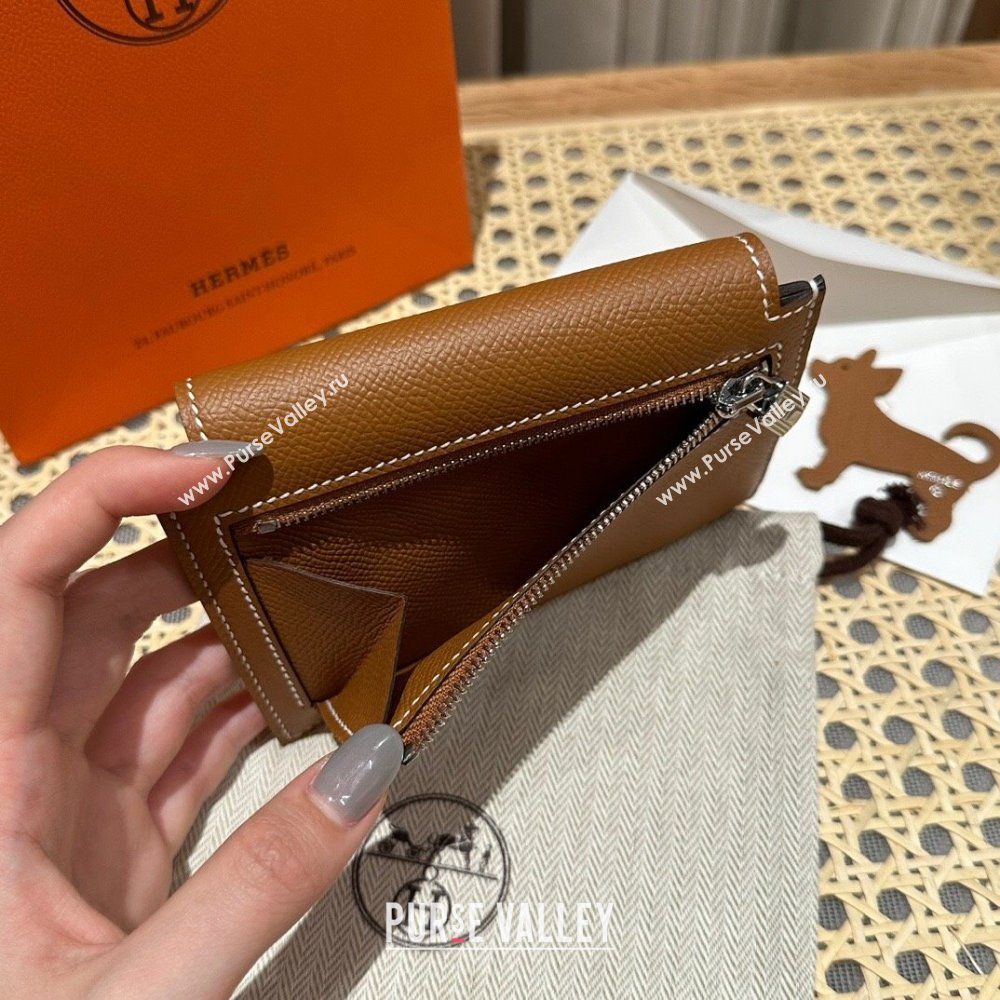 Hermes Kelly Pocket Compact Wallet in Epsom Leather Brown/Silver 2024（Handmade） (XX-241030017)