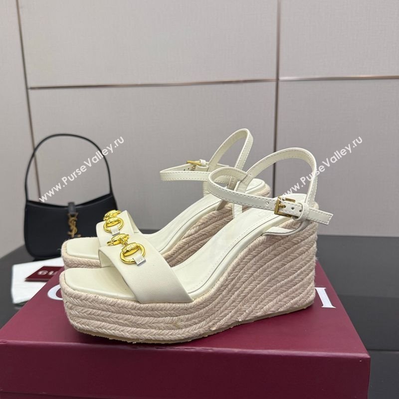 Gucci Espadrille Wedge Sandals 10cm in Leather with Horsebit White 2025 GG082802 (MD-250828037)