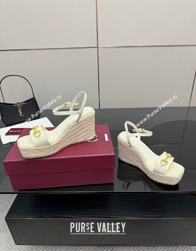 Gucci Espadrille Wedge Sandals 10cm in Leather with Horsebit White 2025 GG082802 (MD-250828037)