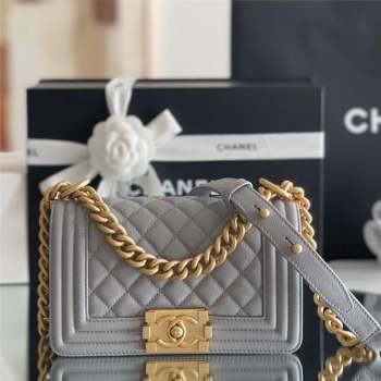 Chanel Original Grained Calfskin Small Boy Flap Bag Gold/Grey 2023 Top Quality (MHE-23102514)