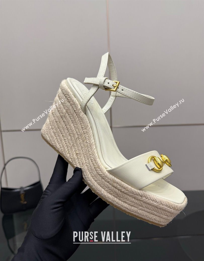 Gucci Espadrille Wedge Sandals 10cm in Leather with Horsebit White 2025 GG082802 (MD-250828037)