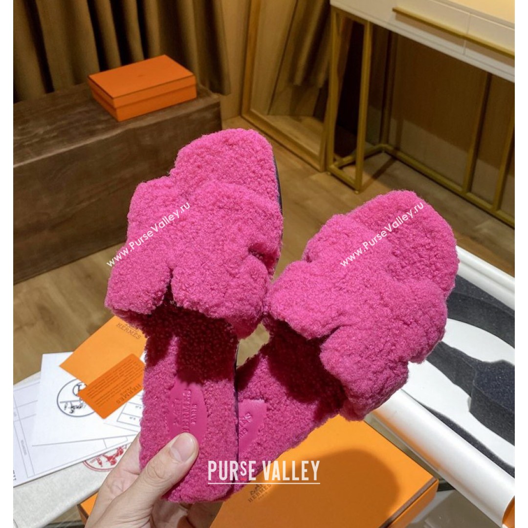 Hermes Oran Shearling Wool Flat Slide Sandals Pink 2021 (MD-21081111)