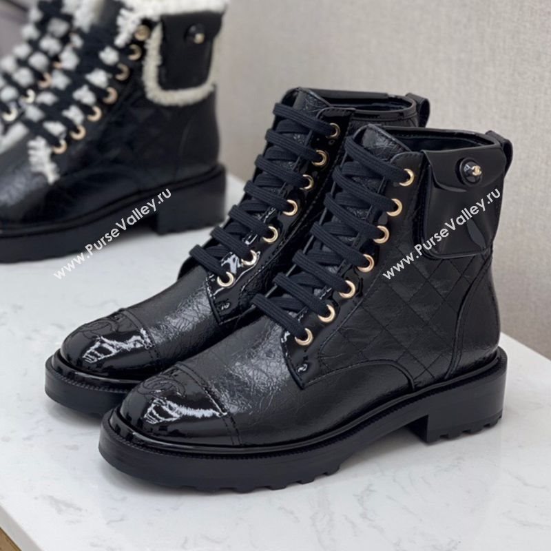 Chanel Quilted Shiny Crumpled Calfskin Short Boots with Pouch All Black 2020 (MD-20120122)