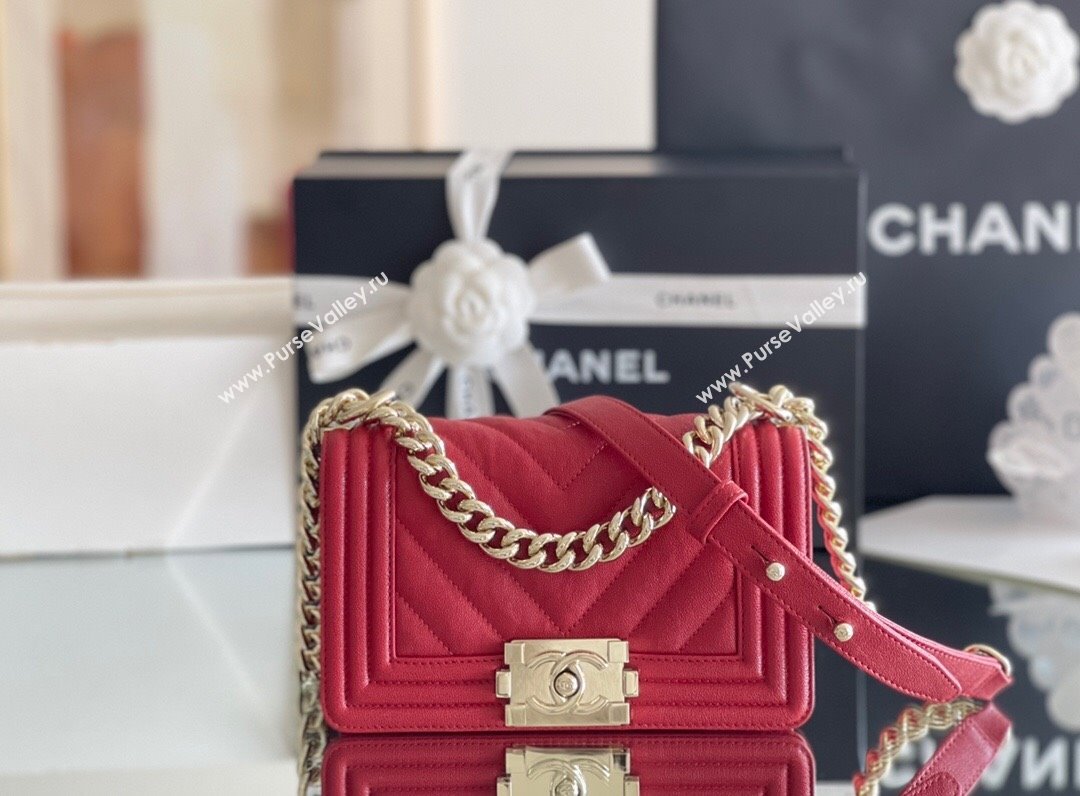 Chanel Original Grained Calfskin Chevron Small Boy Flap Bag Light Gold/Red 2023 Top Quality (MHE-23102518)