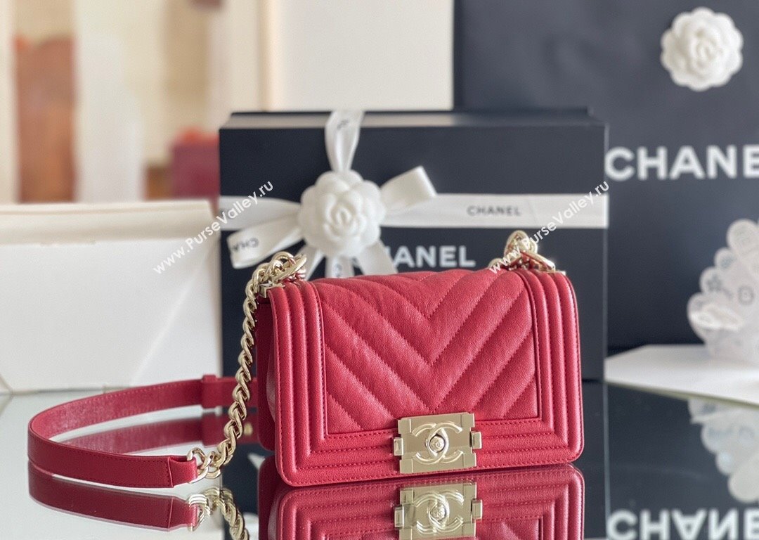 Chanel Original Grained Calfskin Chevron Small Boy Flap Bag Light Gold/Red 2023 Top Quality (MHE-23102518)