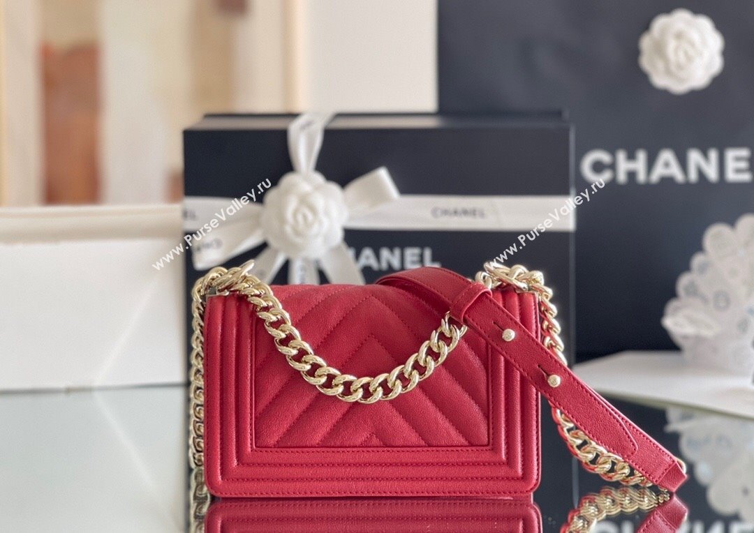 Chanel Original Grained Calfskin Chevron Small Boy Flap Bag Light Gold/Red 2023 Top Quality (MHE-23102518)