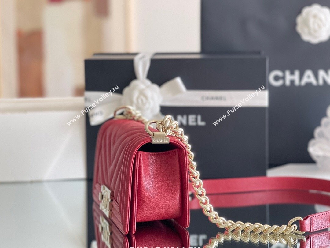 Chanel Original Grained Calfskin Chevron Small Boy Flap Bag Light Gold/Red 2023 Top Quality (MHE-23102518)