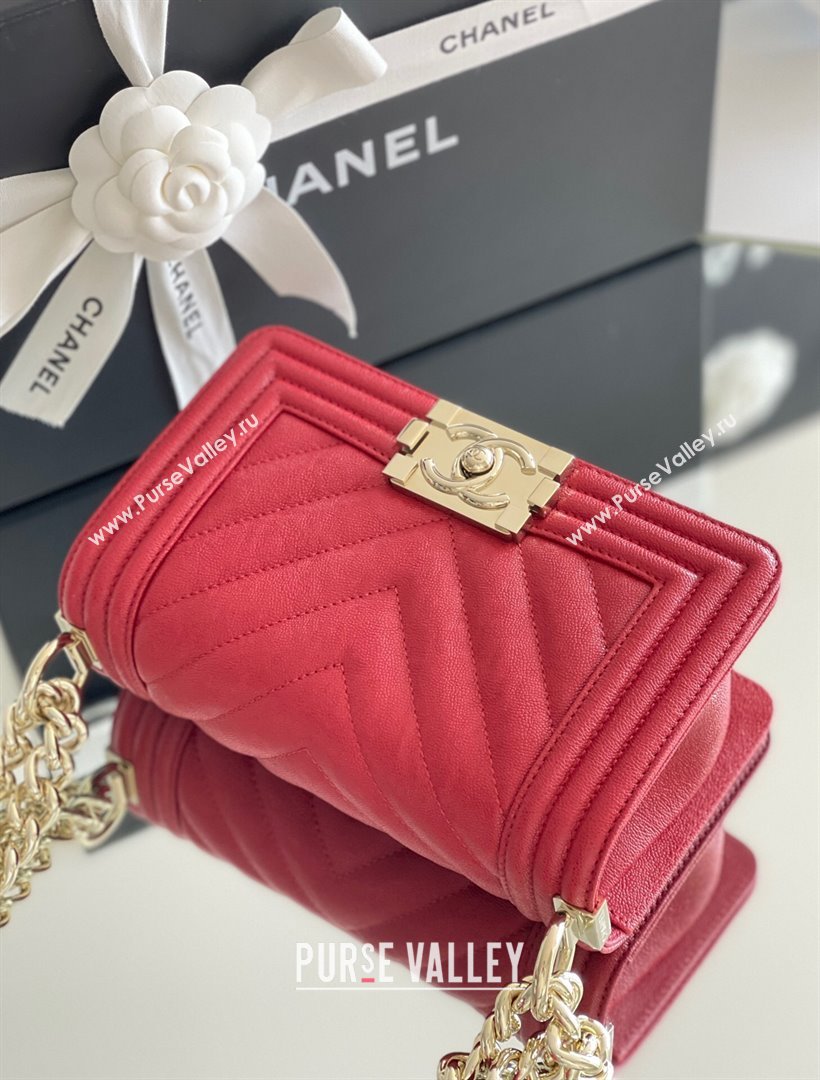 Chanel Original Grained Calfskin Chevron Small Boy Flap Bag Light Gold/Red 2023 Top Quality (MHE-23102518)