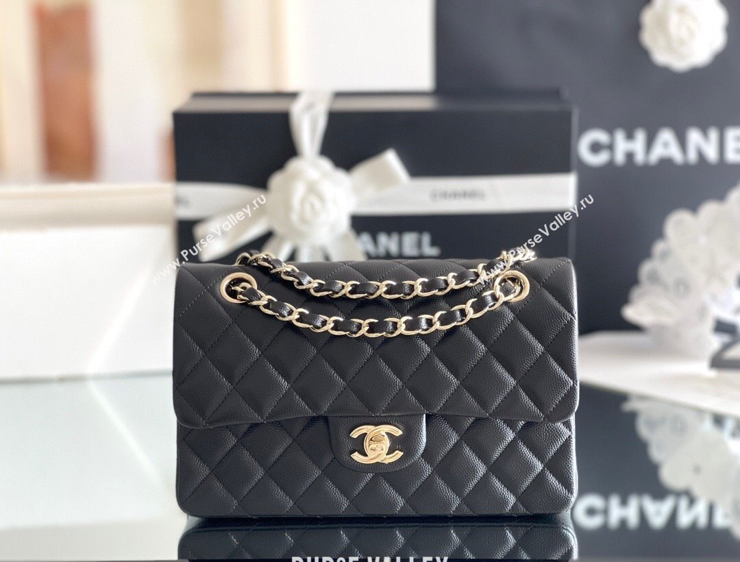 Chanel Grained Calfskin Small Classic Flap Bag A01113 Black/Light Gold 2023 Original Quality (MHE-23121201)