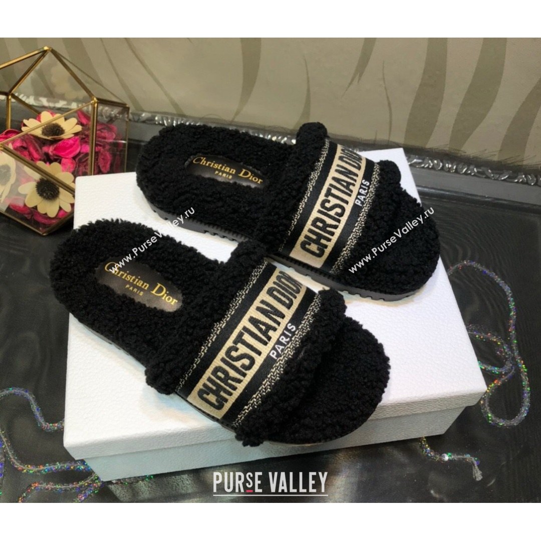 Dior Dway Flat Slide Sandals in Black Embroidered Cotton and Shearling 2021 (MD-21081024)