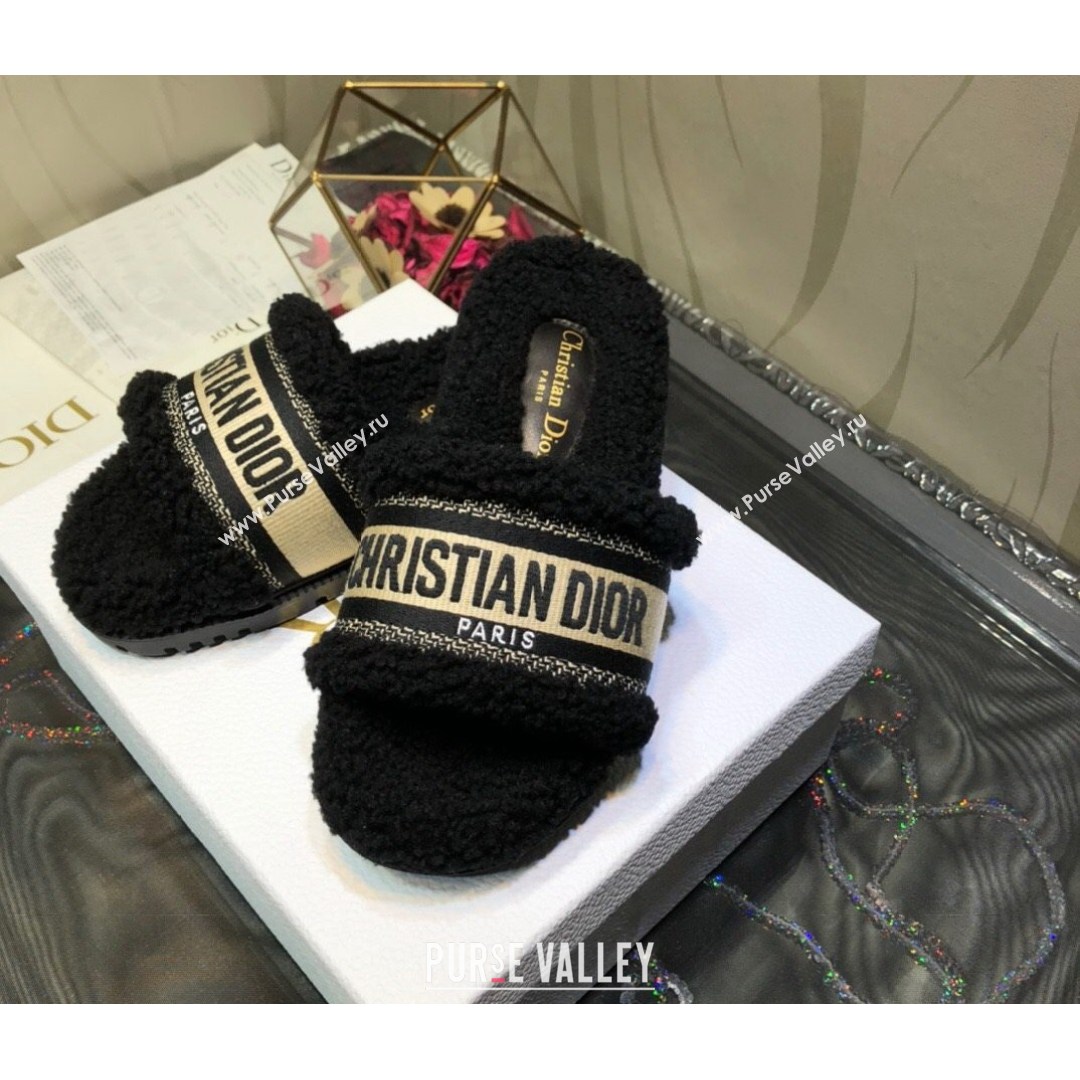 Dior Dway Flat Slide Sandals in Black Embroidered Cotton and Shearling 2021 (MD-21081024)