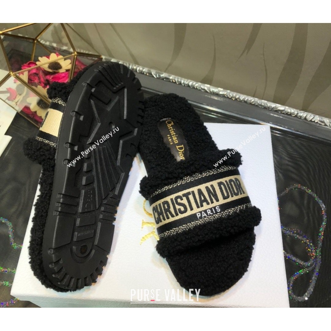 Dior Dway Flat Slide Sandals in Black Embroidered Cotton and Shearling 2021 (MD-21081024)