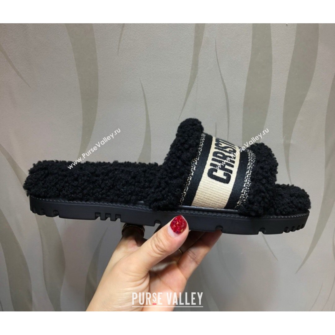 Dior Dway Flat Slide Sandals in Black Embroidered Cotton and Shearling 2021 (MD-21081024)