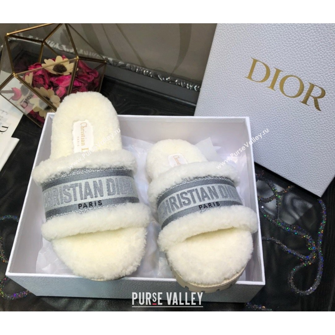 Dior Dway Flat Slide Sandals in Grey Embroidered Cotton and Shearling 2021 (MD-21081025)