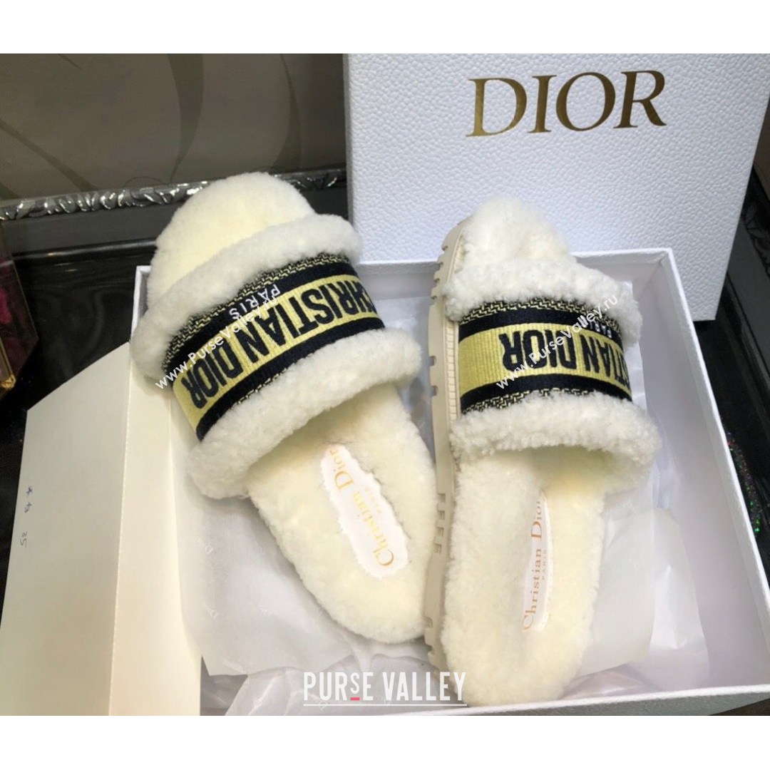 Dior Dway Flat Slide Sandals in Yellow Embroidered Cotton and Shearling 2021 01 (MD-21081026)