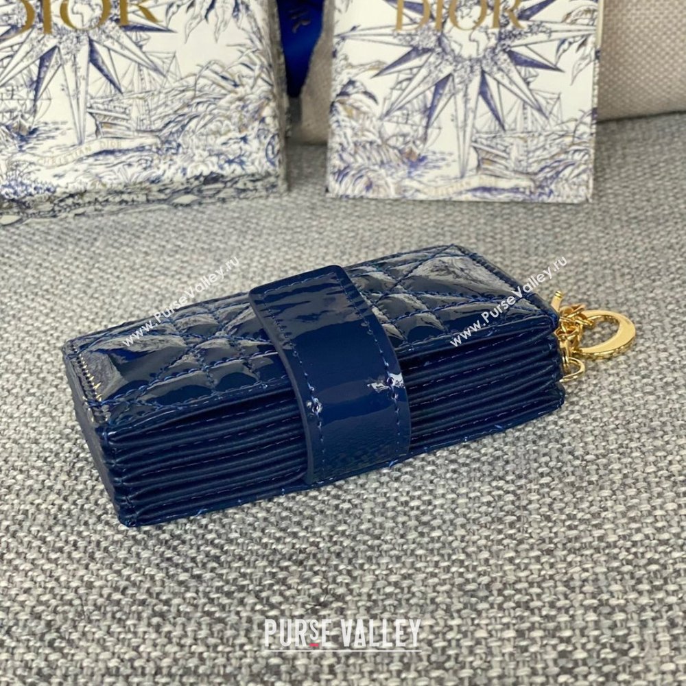Dior Lady 5-Gusset Card Holder Wallet in Patent Cannage Calfskin Blue 01 2024 (XXG-24020209)