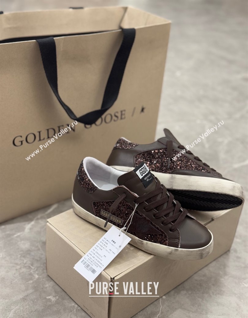 Golden Goose Womens Super-Star Sneakers in brown glitter with suede star and leather inserts 2025 (13-250221002)