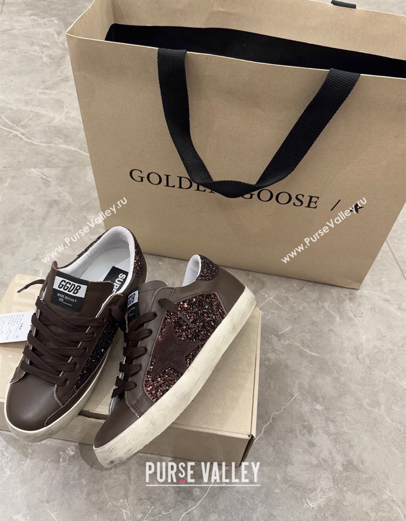 Golden Goose Womens Super-Star Sneakers in brown glitter with suede star and leather inserts 2025 (13-250221002)