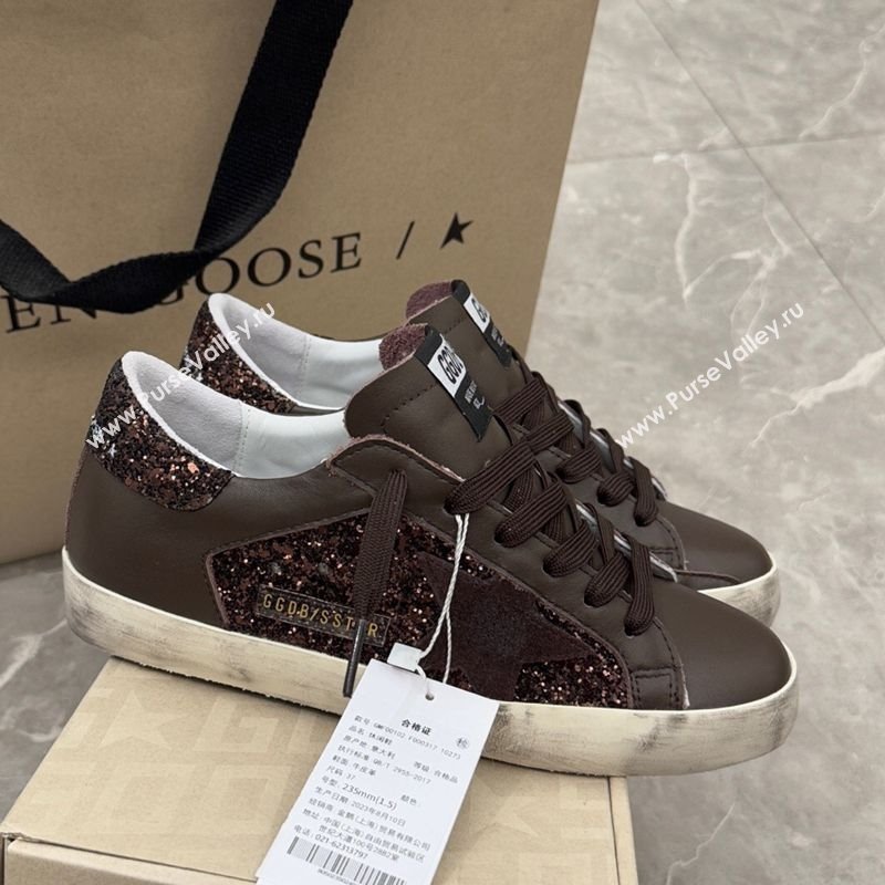 Golden Goose Womens Super-Star Sneakers in brown glitter with suede star and leather inserts 2025 (13-250221002)