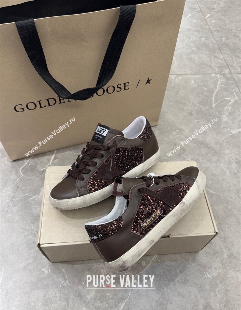 Golden Goose Womens Super-Star Sneakers in brown glitter with suede star and leather inserts 2025 (13-250221002)