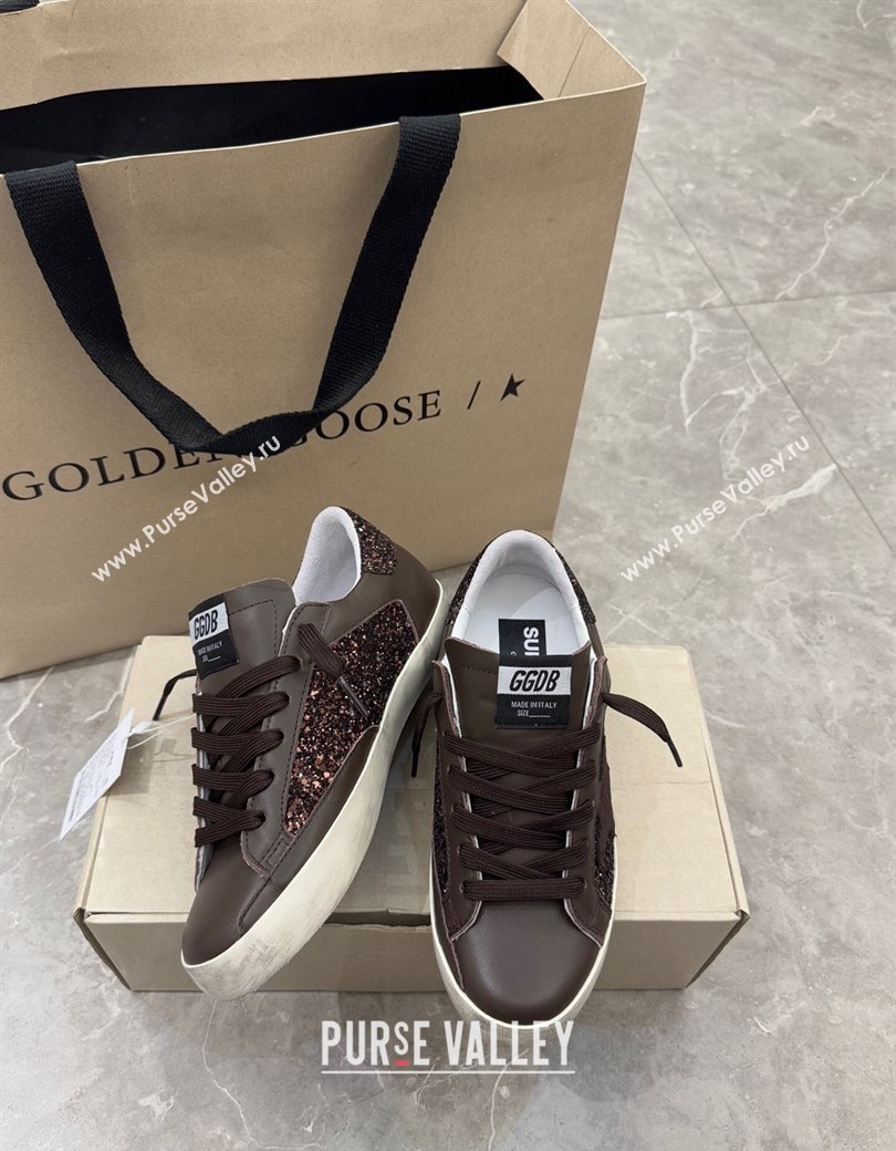 Golden Goose Womens Super-Star Sneakers in brown glitter with suede star and leather inserts 2025 (13-250221002)