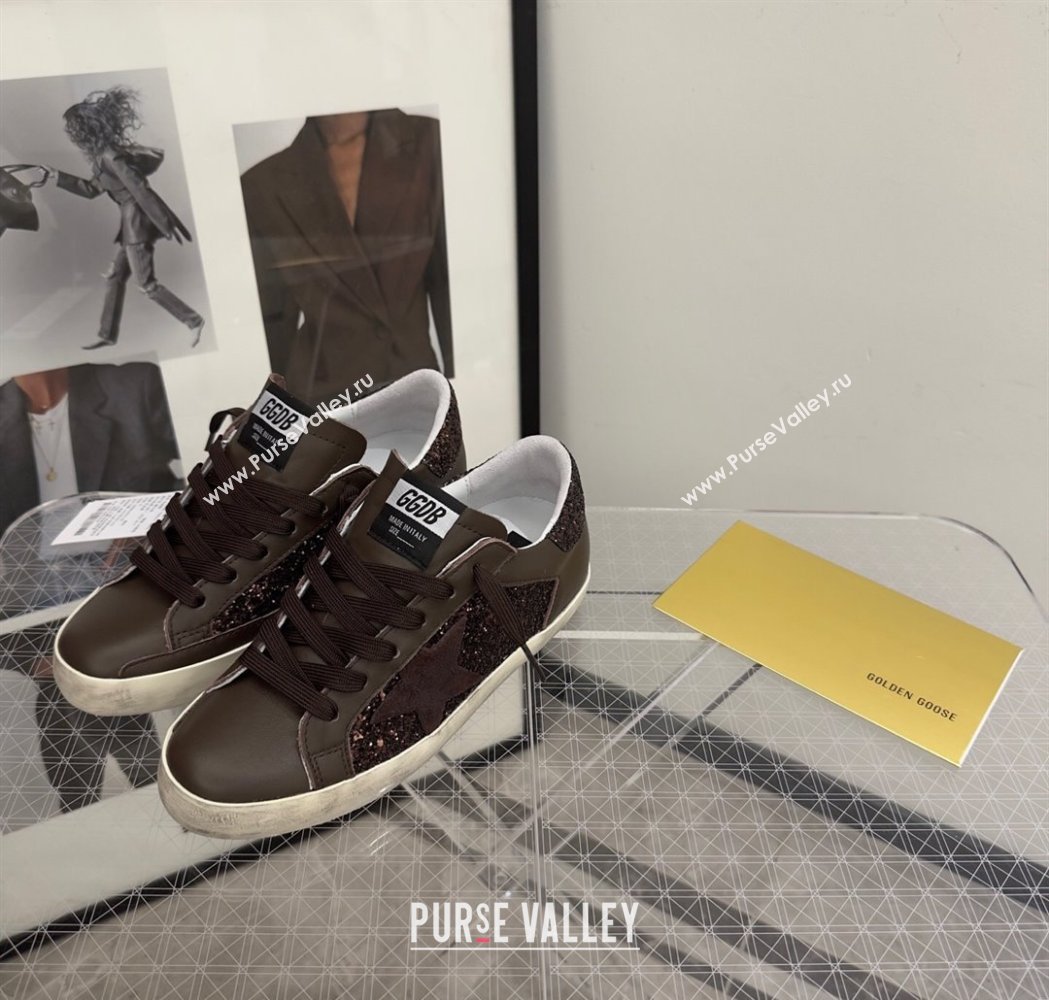 Golden Goose Womens Super-Star Sneakers in brown glitter with suede star and leather inserts 2025 (13-250221002)