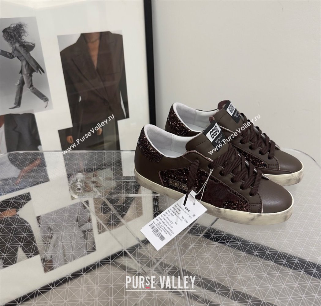 Golden Goose Womens Super-Star Sneakers in brown glitter with suede star and leather inserts 2025 (13-250221002)