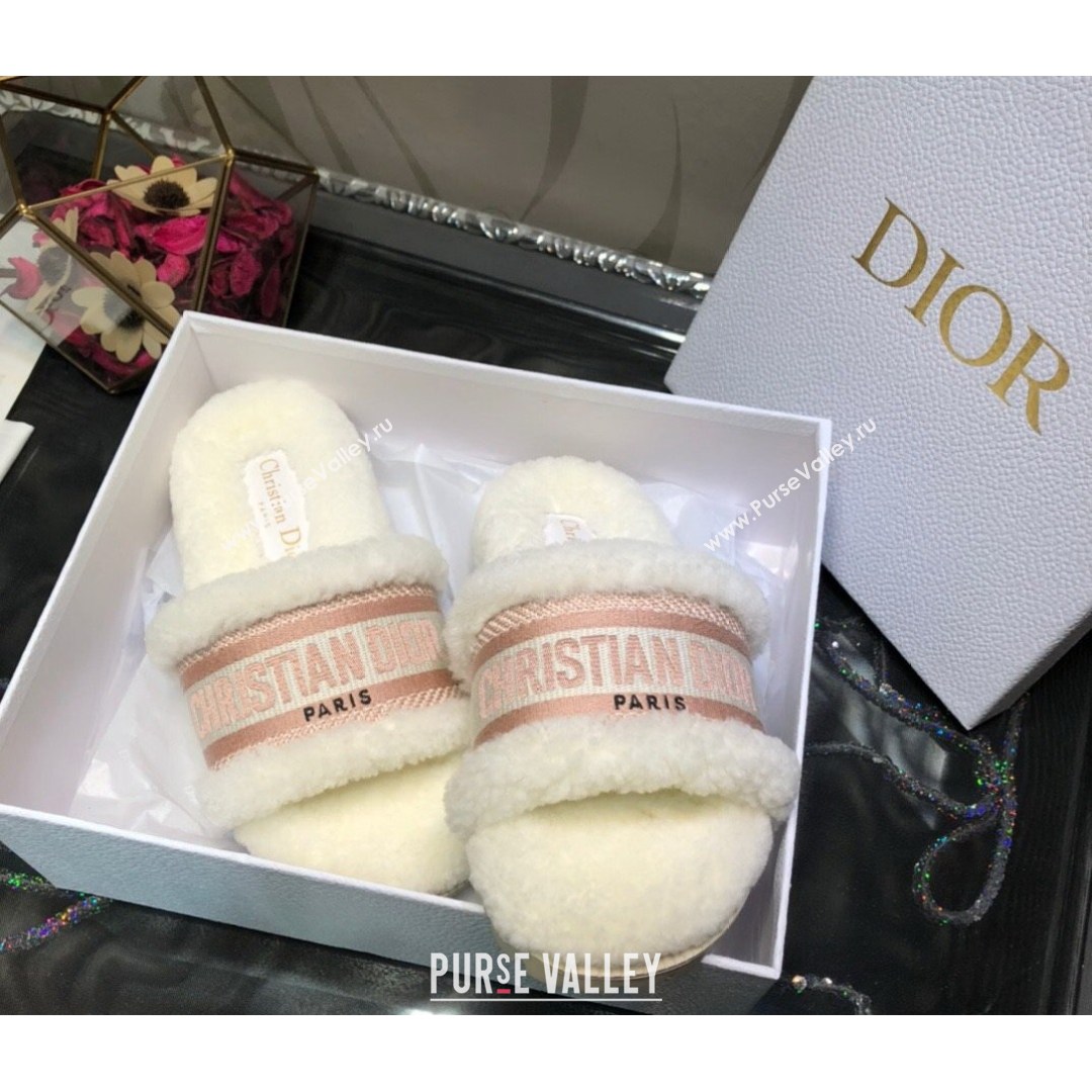 Dior Dway Flat Slide Sandals in Pink Embroidered Cotton and Shearling 2021 (MD-21081028)